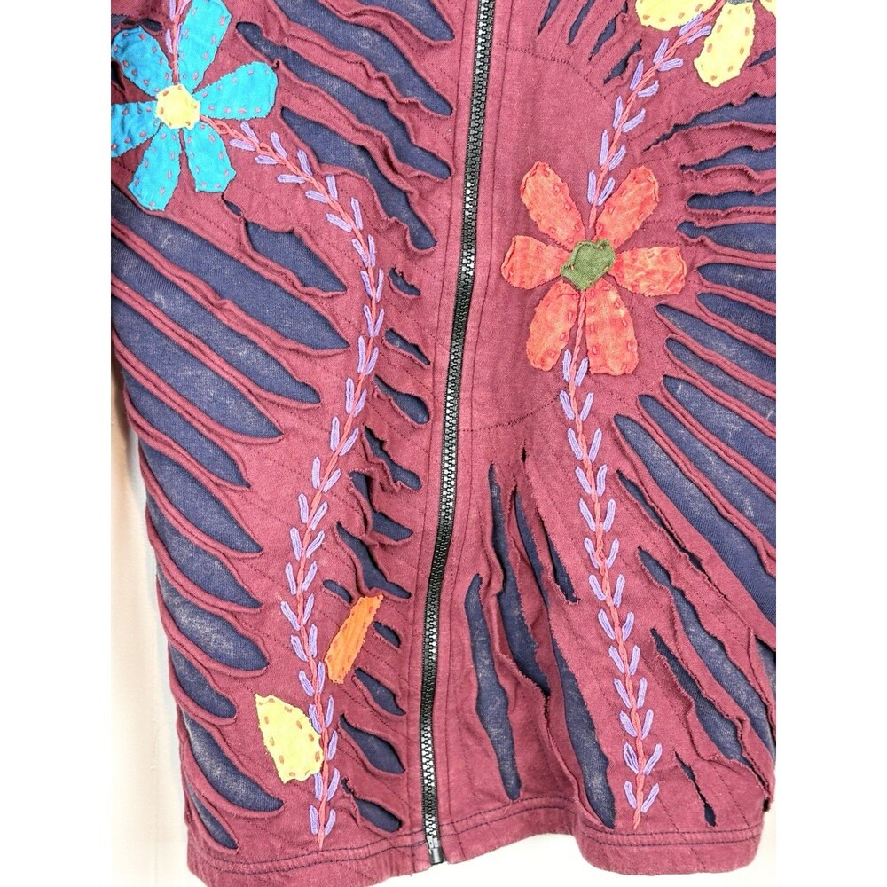 Women's Zip-Up Large Sweatshirt India Boutique Hippie Deadhead Applique Floral - Picture 5 of 11